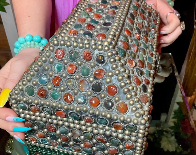 Vintage Agate Inlaid Moroccan Jewelry Box ~ Moorish Dome Top w/ Semi Precious Stones ~ 10" Long Handmade in Morocco