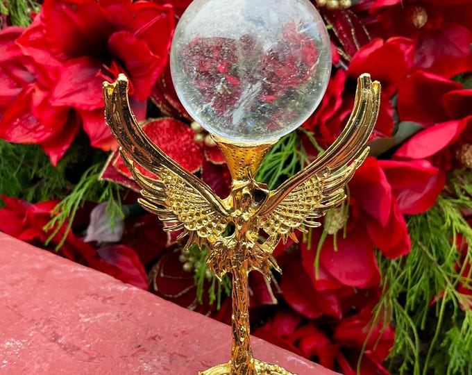 Clear Quartz Crystal Ball with Golden Angel Stand: Reiki Altar Decor