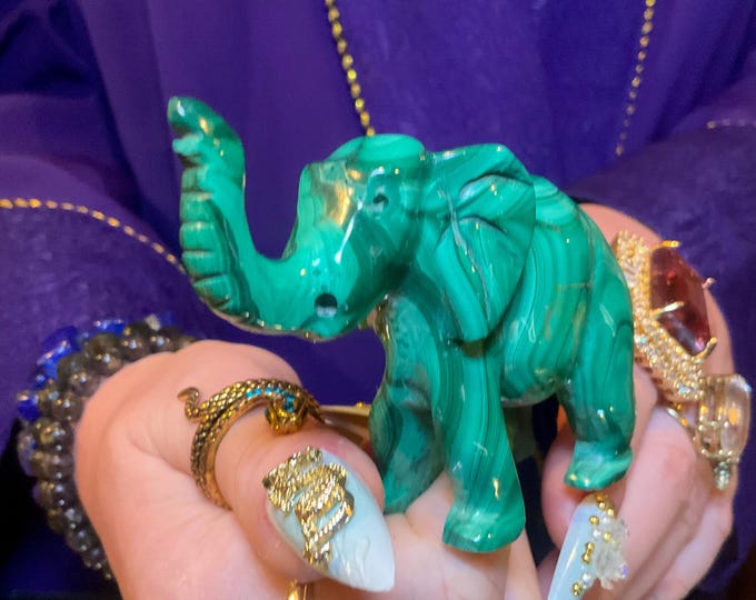 Vintage African Malachite Elephant 5 oz. ~ 3" Long Hand Crafted from the Congo ~ Swirling Green & Black Patterns ~ Animal Totem