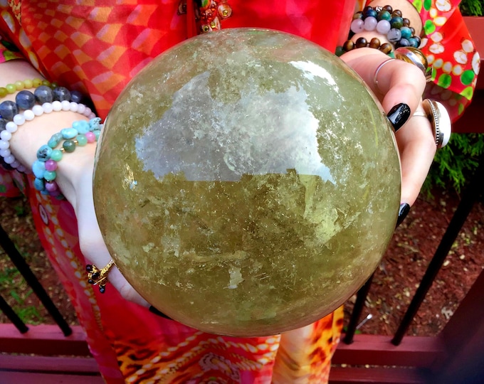 Citrine Crystal Ball ~ Large 9 Lb. ~ 5" Wide ~ Natural Yellow Color ~ Sparkling Rainbow Prism Inclusions ~ Solar Plexus Chakra Altar Display