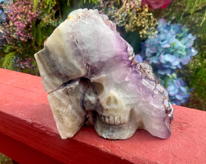 Rainbow Fluorite Crystal Skull ~ Large 2 Lb. 2 oz. ~ 3 1/2" Tall ~ Hand Carved Sculpture ~ Translucent Purple Rainbow Colors ~ Free Standing