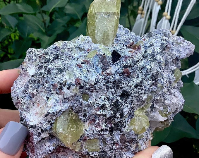 Yellow Apatite Crystal Cluster ~ Large 1 Lb. 12 oz. ~ 5" Long ~ Feldspar Garnet Matrix ~ Sparkling Golden Crystals ~ Fast & Free Shipping