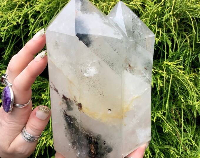 Clear Quartz Twin Flame Crystal Generator ~ Large 6 lb. 13 oz. ~ 7" Tall Double Point Tower ~ Green Chlorite & Black Tourmaline Inclusions