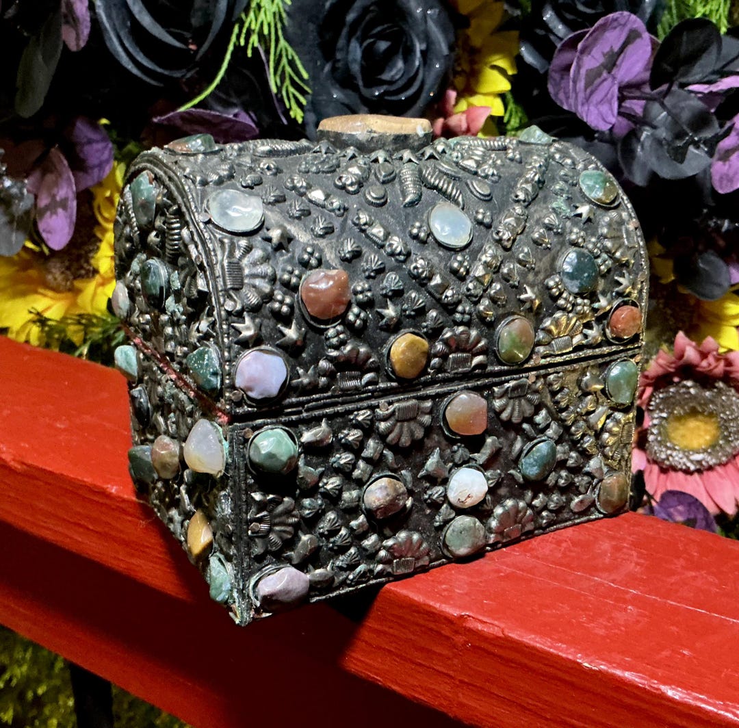 北印度産　玉石　インディアン・カラー・ストーン象嵌　飾箱　共箱　V　R8518 Vintage Agate Inlaid Moroccan Jewelry Box ~ Moorish Dome Top W