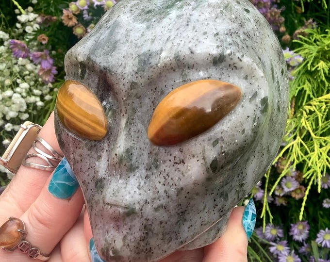 Tourmaline in Quartz Crystal Alien Skull ~ Large 2 Lb. 14 oz. ~ 4" Long ~ With Tigers Eye Eyes ~ Colorful Thick Green Swirling Inclusions