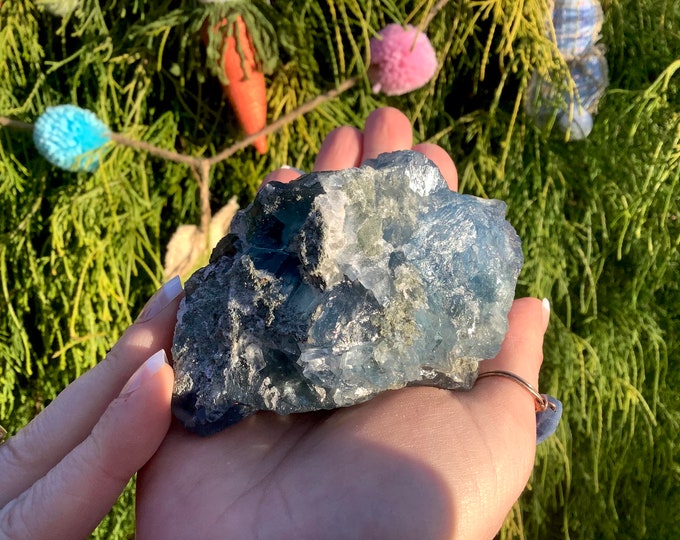 Blue Fluorite Crystal Cluster ~ Large 12 oz. ~ 3" Long ~ Sparkling Mineral Matrix ~ Ancient Clear Ice Blue Translucent Cubic Formation