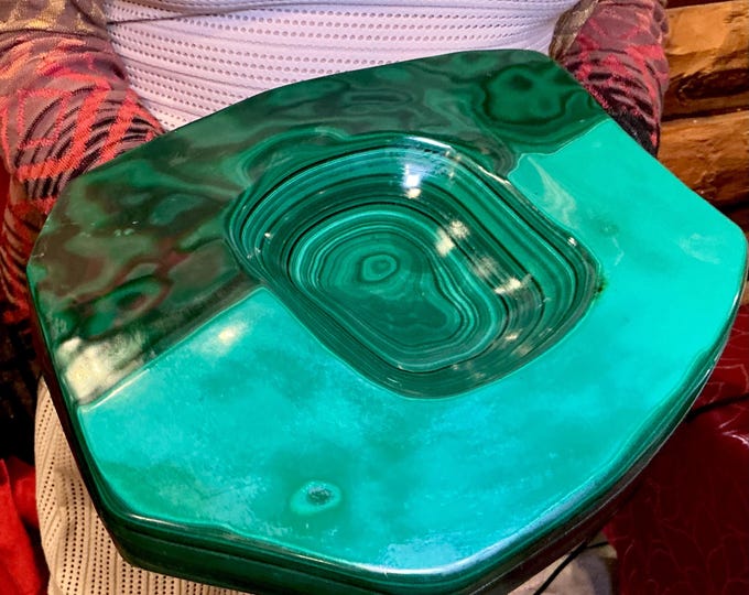Vintage Malachite Dish Large 25 Lb. 12 oz. Bowl - 12" Long Hand Carved Stone from Congo Africa - Swirling Bulls Eye Patterns Museum Quality