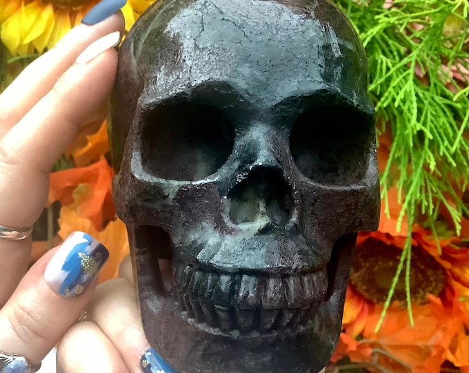Black Tourmaline & Red Garnet Crystal Skull ~ Large 3 Lb. 10 oz. ~ 5" Long ~ Golden Healer Quartz Inclusions ~ Metaphysical Home Decor ~
