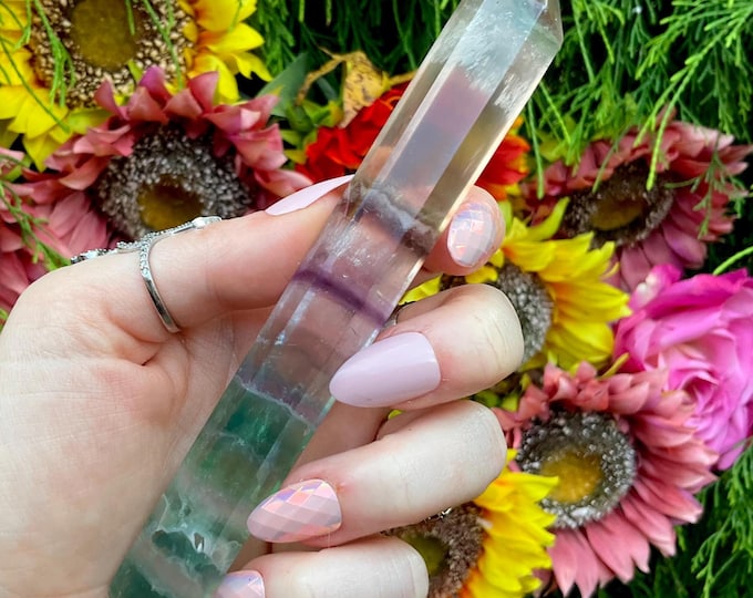 Rainbow Fluorite Double Terminated Wand ~ Large 3.2 oz. ~ 6" Long ~ Clear, Green, Purple ~ Fast & Free Shipping, USA + Global Shipping