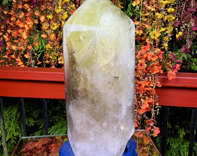 Clear Citrine Quartz Crystal Point ~ 10 Lb. 14 oz. ~ 11" Tall~ Sparkling Yellow with Golden Rainbow Inclusions ~ Custom Hand Carved Stand