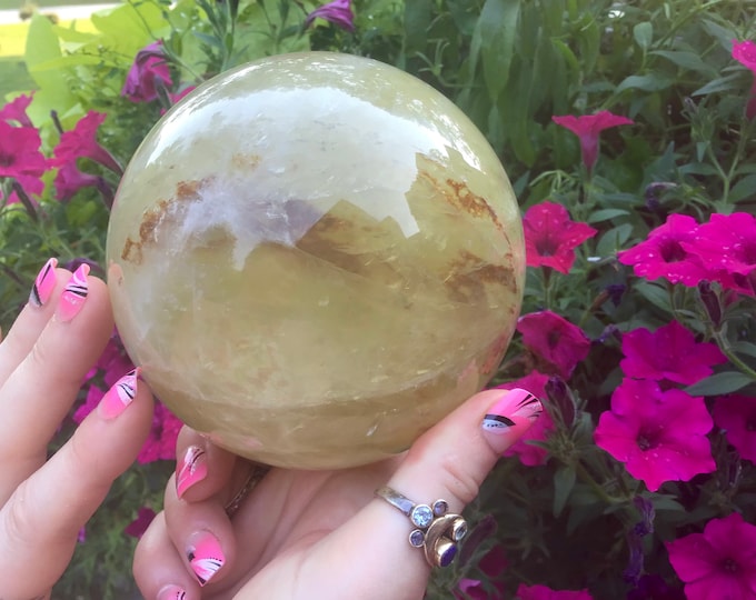 Citrine Crystal Ball ~ Large 3 Lb. 11 oz. ~ 4" Wide ~  Polished Golden Yellow Quartz Sphere w/ White Bands ~ Natural, Untreated Citrine ~