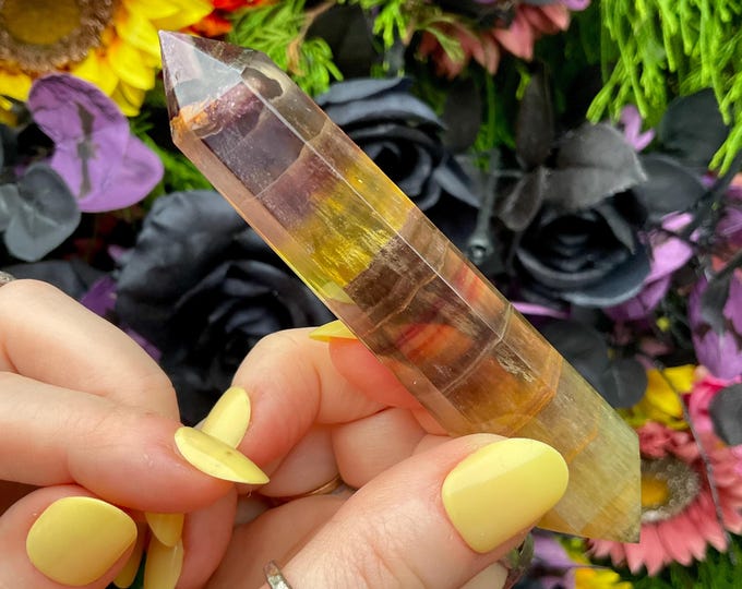 Rainbow Fluorite Double Terminated Wand ~ Large 2.4 oz. ~ 4" Long ~ Yellow, Gold, Purple ~ Fast & Free Shipping, USA + Global Shipping