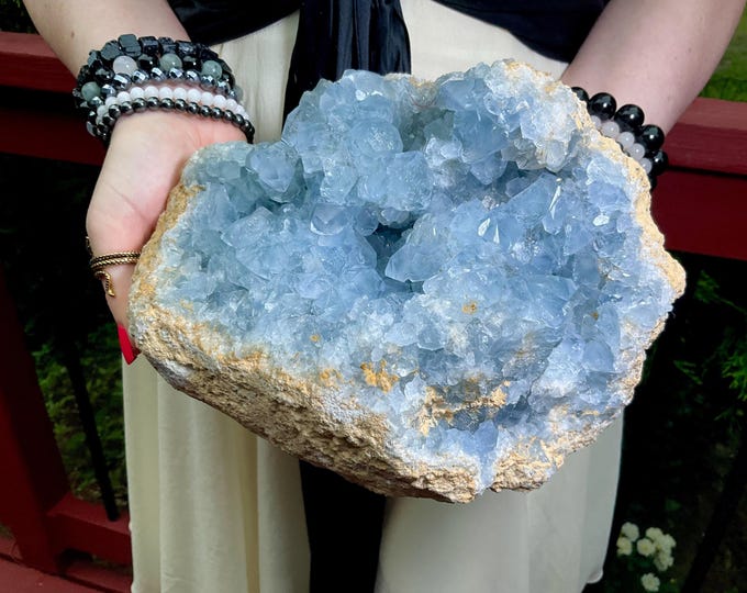 Blue Celestite Crystal Cluster ~ Large 13 lb. 15 oz. ~ 9" Long ~ Metaphysical Home Decor ~ Throat Chakra Reiki Altar Display ~ Metaphysical