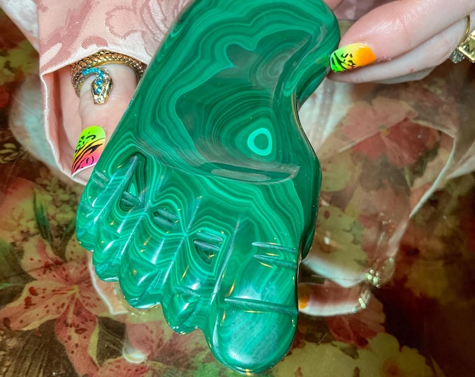 Malachite Crystal Bowl ~ 11 oz. ~ 5" Long ~ Vintage Charging Dish ~ Green Mineral Specimen ~ Swirling Bulls Eye Patterns