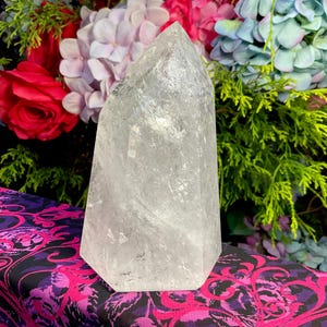 Brazilian Clear Quartz Crystal Generator: Silver Inclusions, Rainbows, 5&quot; Tall