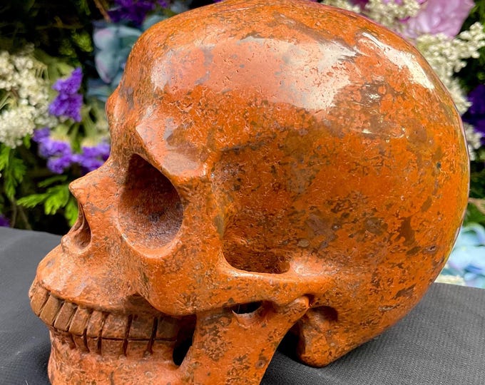 Orange Coral Stone Crystal Skull ~ Large 2 Lb. 9 oz. ~ 5" Long ~ Hand Carved Sculpture ~ Golden Red Brown & Black Colors