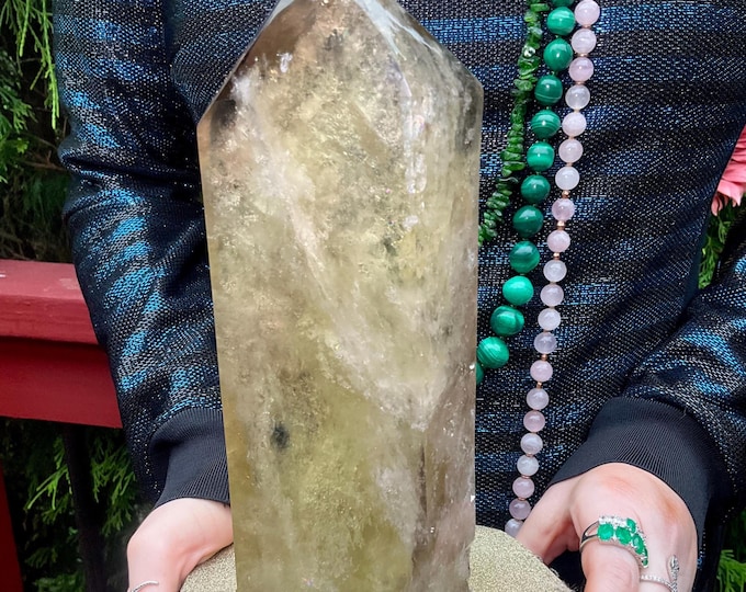 Citrine Crystal Generator ~ Large 3 lb. 11 oz. ~ 9" Tall ~ Sparkling Smokey Inclusions ~ Handmade Custom Wooden Display Stand