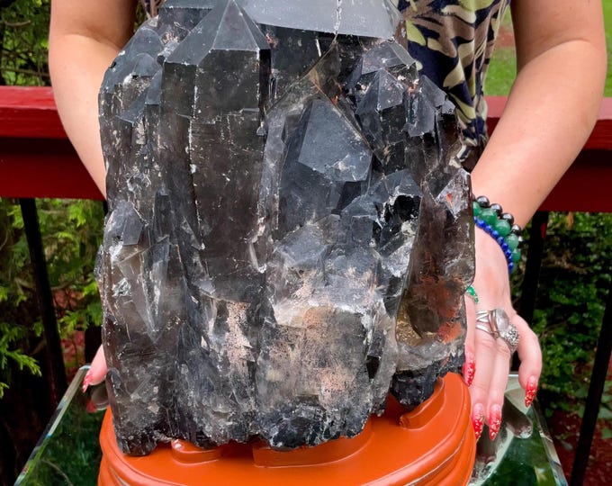 Black Morion Quartz Display Crystal 15 Lb. 12 oz.  Single-Terminated Point Cluster ~ 9" Tall ~Natural Black Color ~ Custom Hand Carved Stand