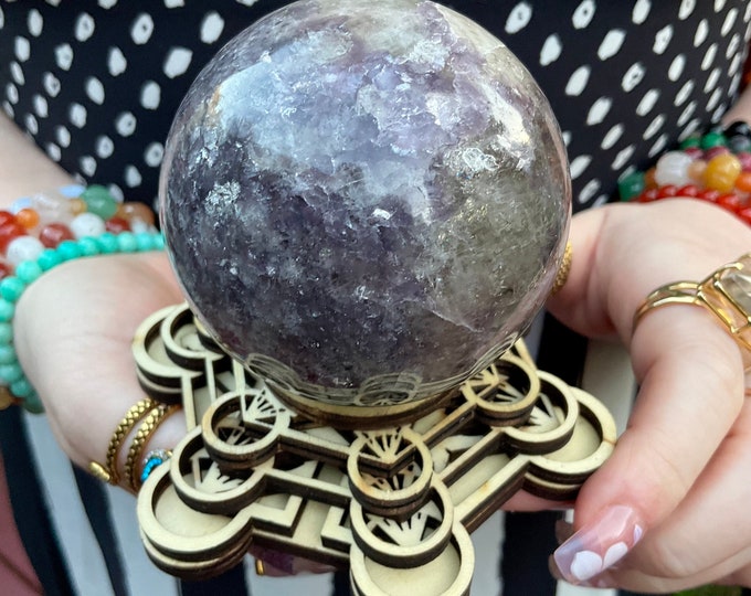 Lepidolite Crystal Ball ~ 15 oz. ~ 2 1/2" Wide ~ Purple White & Sparkling Silver Mica Sphere ~ w/ Sacred Geometry Stand ~ Free Shipping USA