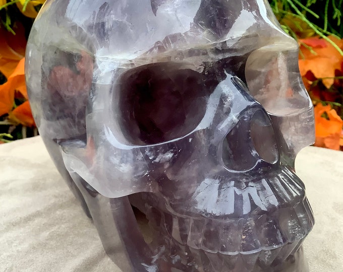 Purple Fluorite Crystal Skull ~ Large 8 Lb. 13 oz. ~ 7" Long ~ Hand Carved Life Size Sculpture ~ Translucent Rainbow Colors ~ Free Standing