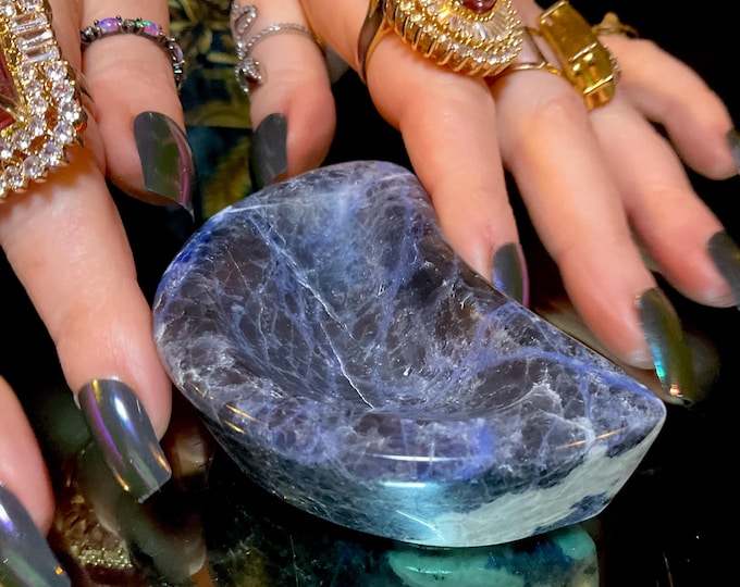 Blue Sodalite Cresent Moon 4 oz. Crystal Bowl ~ 3" Long ~ Blue, White & Black Polished Mineral Specimen ~ Fast Free Shipping