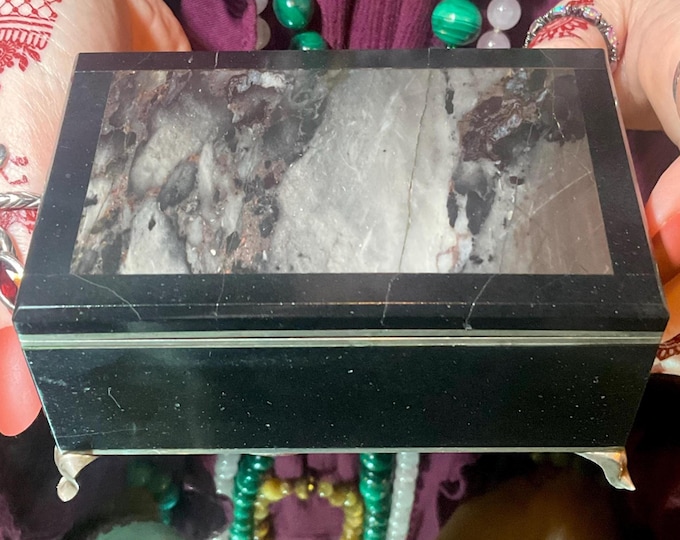 Picasso Jasper Jewelry Box w/ Hinged Lid ~ 4" Long ~ Vintage Hand-Crafted Ural Mountains~ Swirling Gray & Black Colors