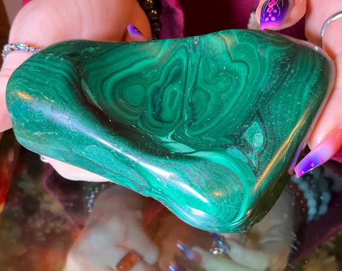 Malachite Crystal Bowl ~ 1 Lb. ~ 5" Long ~ Vintage Charging Dish ~ Green Mineral Specimen ~ Swirling Bulls Eye Patterns ~ Fast Free Shipping