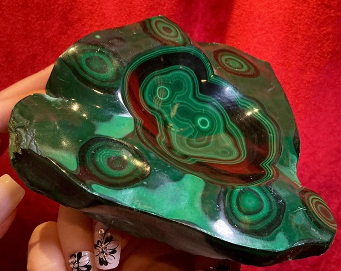 Malachite Crystal 2 Lb. 4 oz. Bowl ~ 6" Long ~ Vintage Hand Carved Jewelry Dish ~ Beautiful Green Colorful Swirling Bulls Eye Patterns