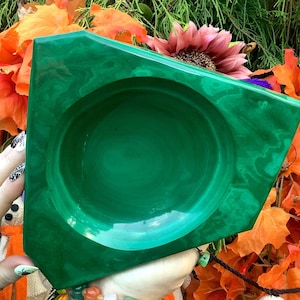 Malachite Crystal Jewelry Dish ~ 5 Lb. 8 oz. - 7" Long ~ Vintage Hand Carved Treasure Bowl ~ Metaphysical Home Decor, Reiki, Altar Display