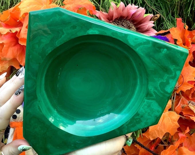 Malachite Crystal Jewelry Dish ~ 5 Lb. 8 oz. - 7" Long ~ Vintage Hand Carved Treasure Bowl ~ Metaphysical Home Decor, Reiki, Altar Display ~