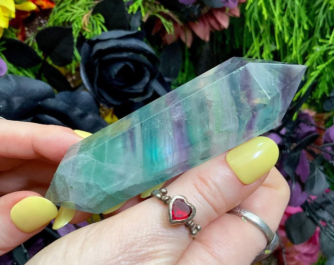Rainbow Fluorite Double Terminated Wand ~ Large 4.6 oz. ~ 4" Long ~ Clear, Green, Purple ~ Fast & Free Shipping, USA + Global Shipping