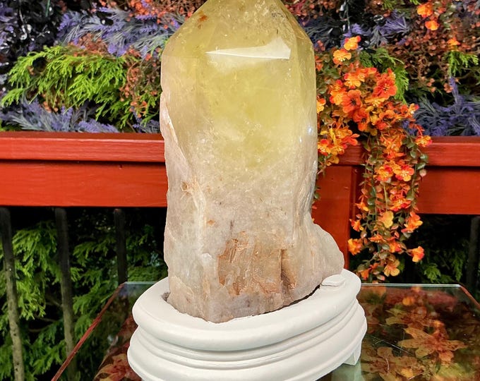 Clear Citrine Quartz Crystal Point ~ 6 Lb. 8 oz. ~ 8" Tall~ Sparkling Yellow with Golden Rainbow Inclusions ~ Custom Hand Carved Stand
