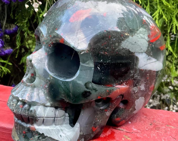 African Bloodstone Crystal Skull ~ 7 Lb. 2 oz. ~ 6" Long ~ Red and Green Colors Stone ~ Metaphysical Home Decor