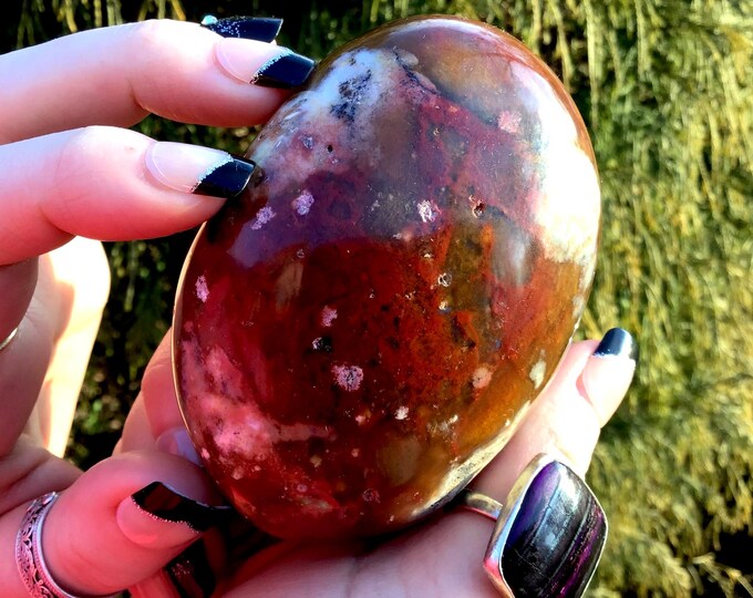 Red Jasper Crystal Palm stone ~ Large 11.4 oz. ~ 3 1/2" Long ~ Stunning Orange & Red Colors ~ Perfect Handheld Freeform Size ~ Root Chakra ~