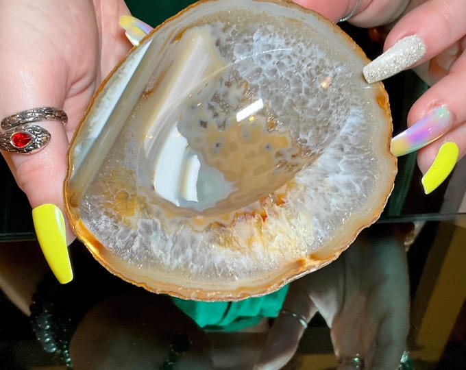 Golden Agate Crystal Bowl ~ Large 10 oz. ~ 4" Wide ~ Natural Polished Mineral Gemstone Jewelry Dish ~ Altar Display