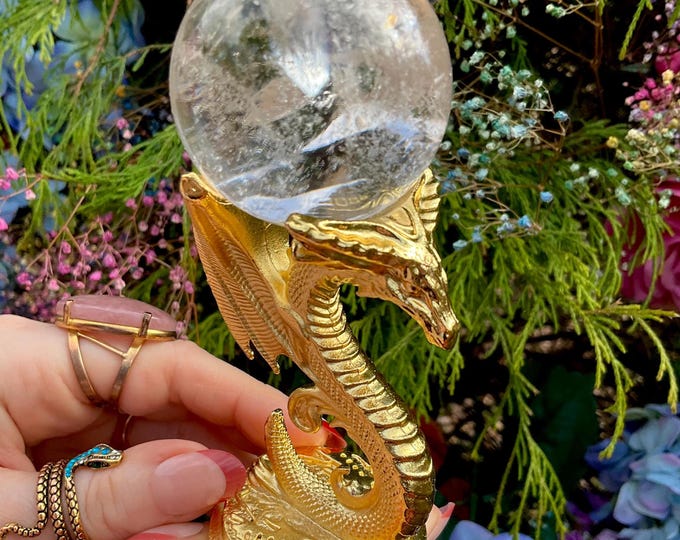 Ultra Clear Quartz Crystal Ball ~ 5 oz. Sphere ~ 1 3/4 " Wide ~ Golden Dragon Display Stand Reiki, Altar, Feng Shui ~ Fast & Free Shipping ~