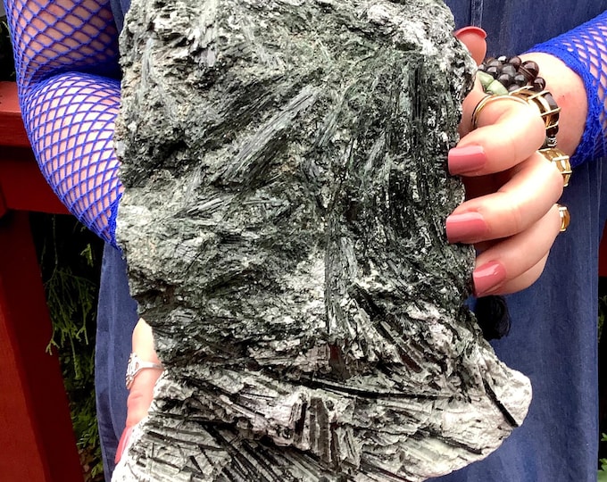 Green Actinolite Crystal Cluster ~ Large 16 lb. ~ 9" Tall ~ Natural Iridescent Sparkling Green Crystals on White Matrix ~ Fast Shipping, USA