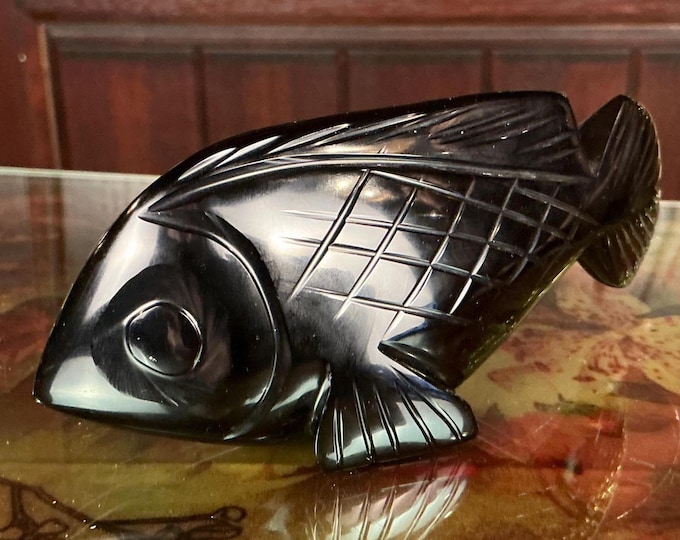 Black Obsidian Fish Carving ~ 8 oz. ~ 5" Long Hand Carved ~ Stunning Museum Quality Polished Specimen ~ Mineral Totem Animal ~ Free Shipping