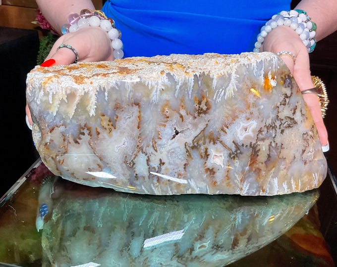Dendritic Agate Large 12Lb. 10 oz. Free Form Crystal Stone ~ 11" Long ~ Swirling Blue, White, Gray Angelic Colors ~ Beautifully Polished