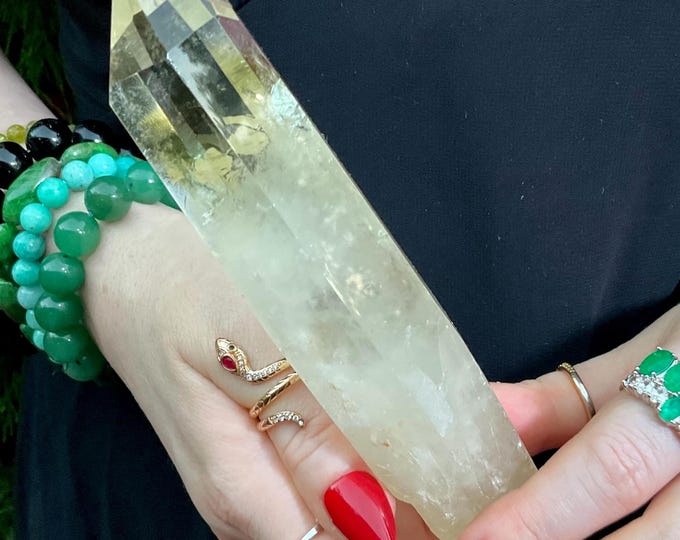 Citrine Quartz Crystal Wand ~ Large 8.3 oz. ~ 6" Long ~ High Altitude Himalayan Point ~ Clear Yellow Phantoms Sparkling Rainbow Inclusions