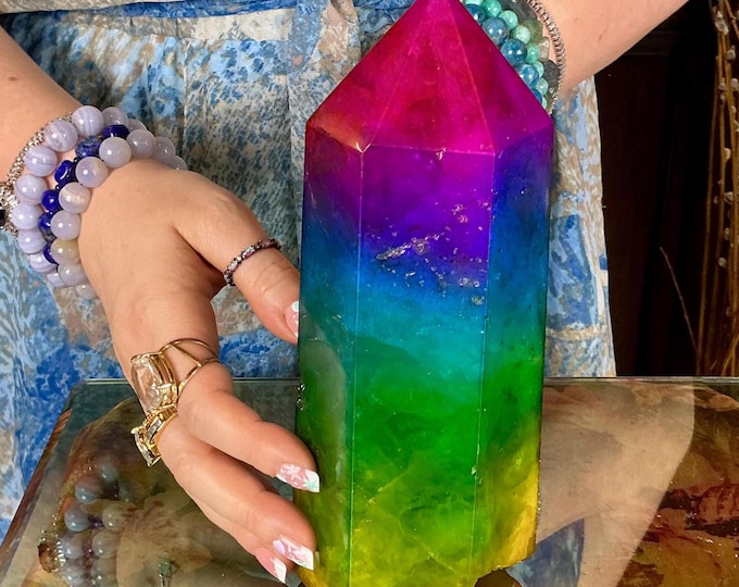 Rainbow Aura Fluorite Crystal Generator ~ Large 4 Lb. 10 oz. ~ 8" Tall Tower ~ Swirling Purple Green & Yellow Colors