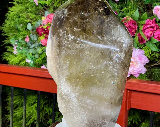 Clear Citrine Quartz Crystal Point ~ 15 Lb. ~ 12" Tall~ Sparkling Yellow with Golden Rainbow Inclusions ~ Custom Hand Carved Stand