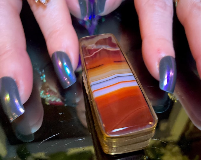 Banded Agate Carnelian Pill Box with Lid ~ 2 1/2" Long Two-Sided Vintage Antique Display Box ~ Swirling Red with White Stripes