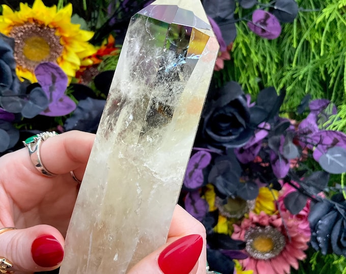 Citrine Quartz Crystal Wand ~ Large 8.7 oz. ~ 6" Long ~ High Altitude Himalayan Point ~ Clear Yellow Phantoms Sparkling Rainbow Inclusions