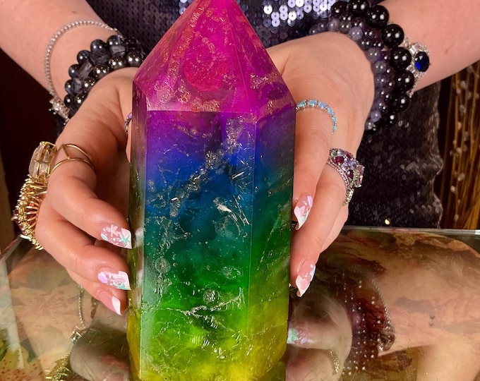 Rainbow Aura Fluorite Crystal Generator ~ Large 2 Lb. 12 oz. ~ 6 1/2" Tall Tower ~ Swirling Purple Green & Yellow Colors