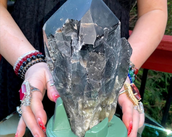 Black Morion Quartz Display Crystal 4 Lb. 3 oz.  Single-Terminated Point Cluster ~ 7" Tall ~ Natural Black Color ~ Custom Hand Carved Stand