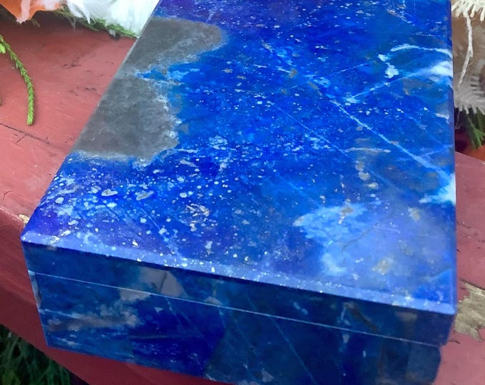 Lapis Lazuli Jewelry Box with Lid ~ 4" Long ~ Handmade from Afghanistan ~ Vintage Polished Display Specimen ~ Swirling Blue with Gold Pyrite