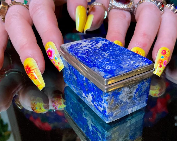 Lapis Lazuli Pill/ Snuff/Trinket Box with Hinged Lid ~ 2" Long ~ Handmade from Afghanistan ~ Vintage Antique Box ~ Blue with Gold Pyrite