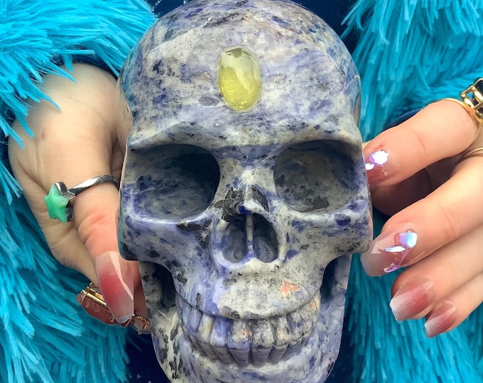 Sodalite Crystal Skull with Lemon Quartz Third Eye ~ Large 2 Lb. 15 oz.  ~ 5" Long ~ Beautiful Sparkling Blue & White Crystal Sculpture ~