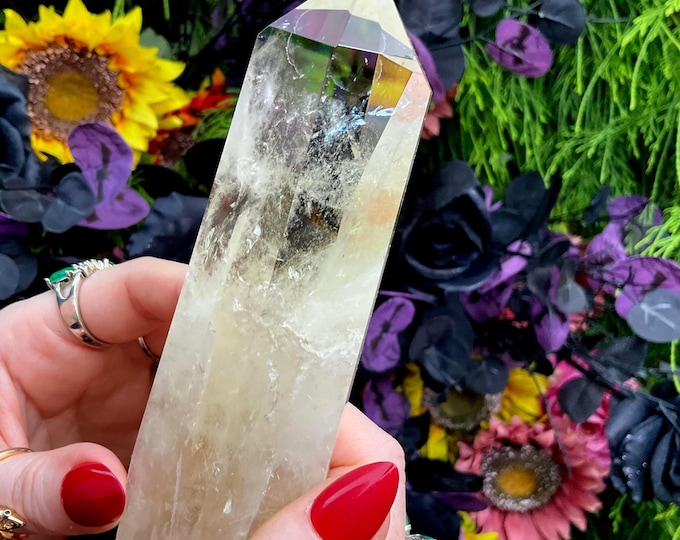 Citrine Quartz Crystal Wand ~ Large 8.7 oz. ~ 6" Long ~ High Altitude Himalayan Point ~ Clear Yellow Phantoms Sparkling Rainbow Inclusions